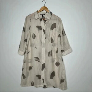 PICADILLY Canada Cream Grey Brush Stroke Linen Blend Button Front Tunic Shirt 10